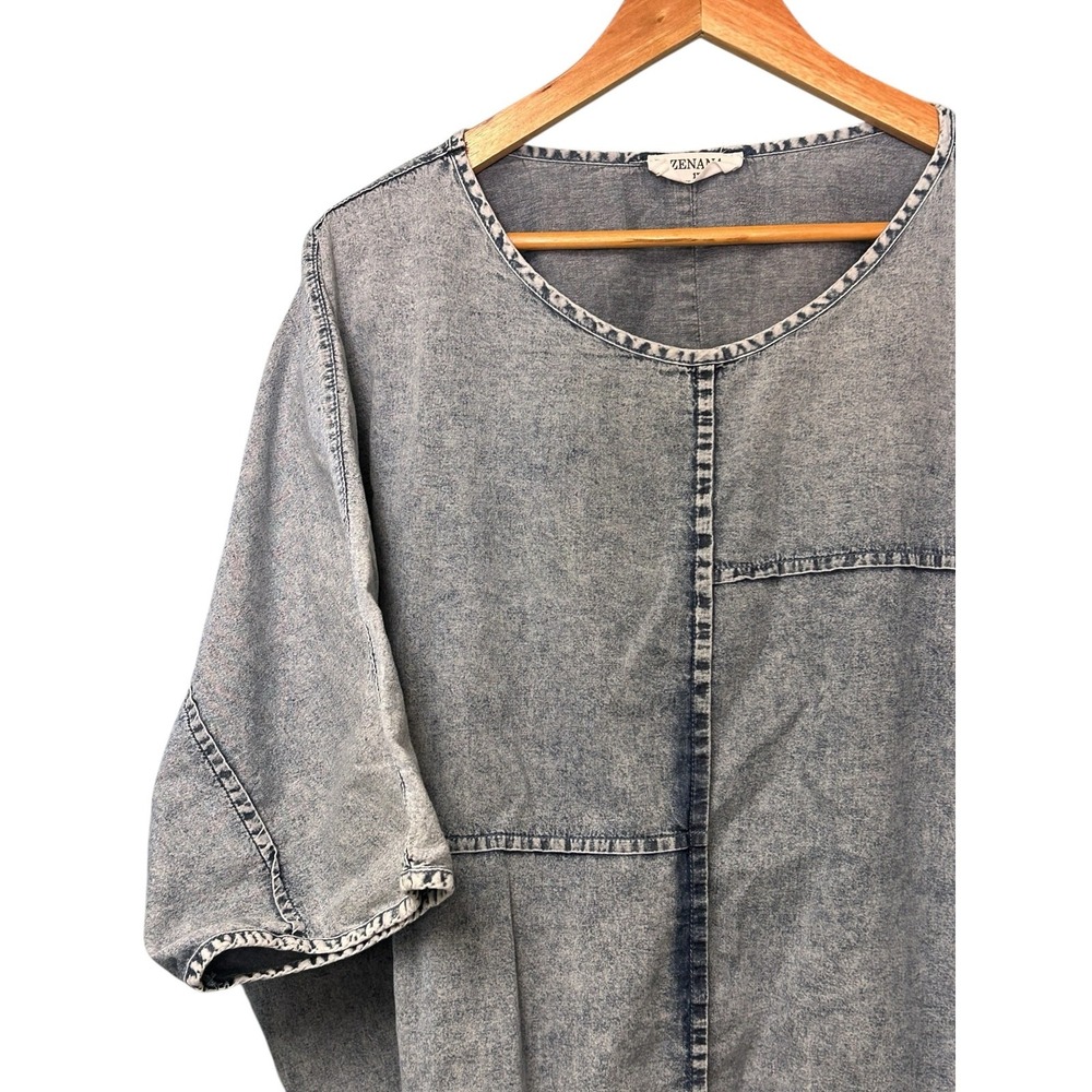 Zenana 1X Boutique Style Chambray Denim Look‎ Dolman Sleeve Hi-Low Blouse - Picture 8 of 11